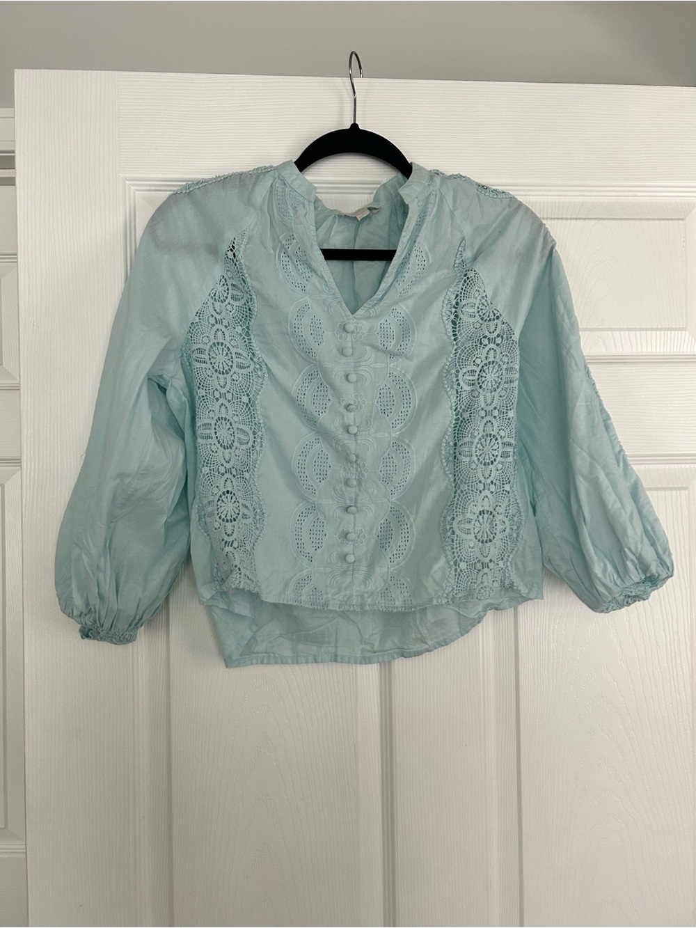 Light Aqua Lace-Trim Button Front Women’s Blouse
